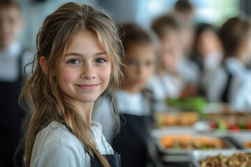 Young girl leading a line of school children.