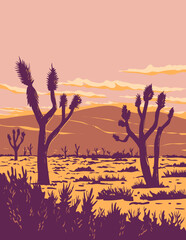 WPA poster art of a Joshua tree in the western edge of the Mojave Desert in the Antelope Valley near Palmdale, California USA done in works project administration or federal art project style.