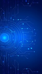 Obraz premium Abstract digital circuitry design; glowing blue concentric circles and lines on dark blue background