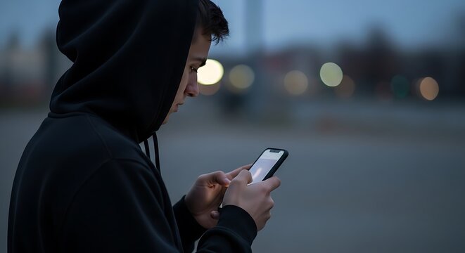 A young man in a black hoodie uses his smartphone outdoors at dusk with bokeh lights