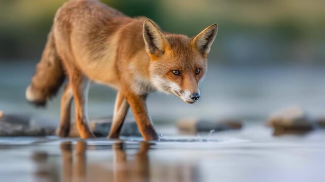 Red fox perched on river stones, intently focused on prey over glassy water in a pristine natural hunting scene