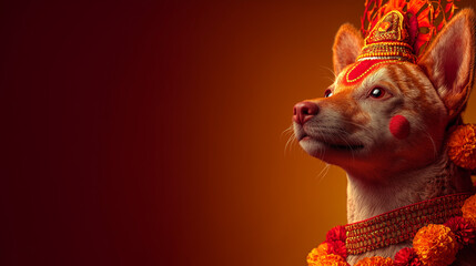 Tihar festival Nepal, decorated dog with tika and garland, Kukur Tihar scene