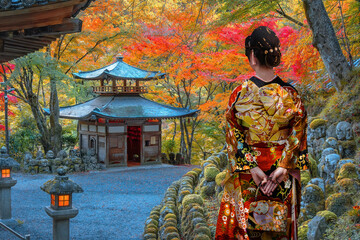Japanese Woman in Traditional Kimono Dress at Otagi Nenbutsu-ji temple with beautiful foliage in...