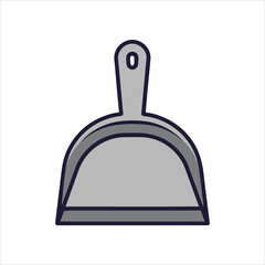 A flat design icon of a gray dustpan for cleaning. A graphic symbol representing household chores, tidiness, and domestic work.