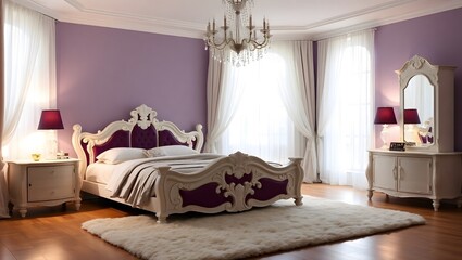 Cozy and contemporary bedroom interior with a comfortable bed, stylish furniture, and a large window