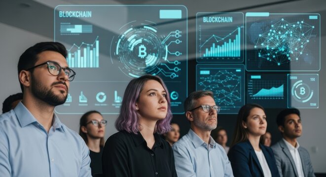 A group of business professionals in a conference room, observing a large screen displaying blockchain technology and cryptocurrency data.
