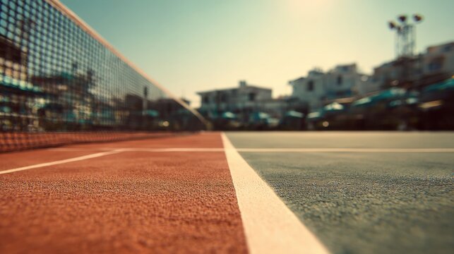 Tennis court at sunset with a view of the net and colorful court surface. Nearby, recreational facilities are visible under the fading light, creating a lively atmosphere.