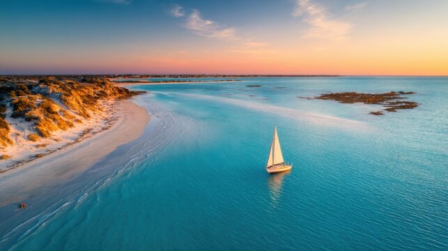 A sailboat glides through clear turquoise waters during sunset. The vibrant sky reflects on the water, while sandy shores and rocky formations create a peaceful coastal setting.