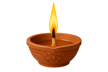 Lit clay diya oil lamp isolated on transparent background