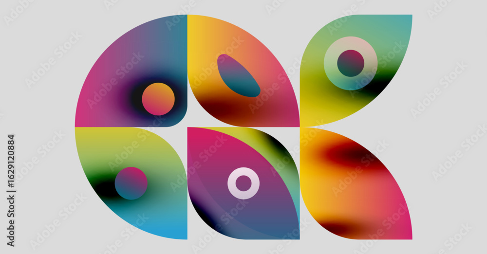 Poster abstract colorful shapes overlap, creating dynamic visual composition. gradients blend hues, forming