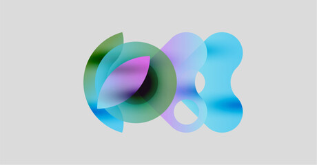 Abstract shapes overlap, creating soft color blends. Light blues, greens, purples dominate neutral background. Minimalist design.