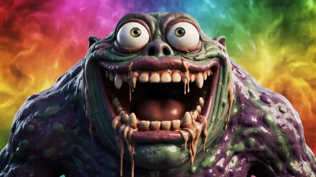 Grotesque, slimy creature with wide, startled eyes and a gaping maw filled with sharp teeth, set against a psychedelic, colorful nebula background, evoking a sense of bizarre fantasy and horror