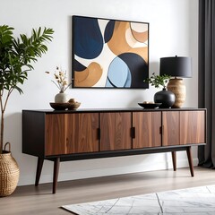 Mid-century modern sideboard with four wood doors, shown in a living room setting with artwork and plants