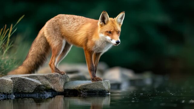 Red fox perched on river stones, intently focused on prey over glassy water in a pristine natural hunting scene