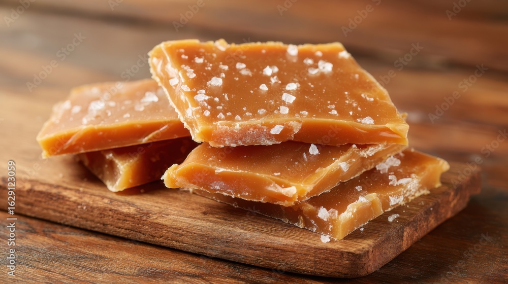 Poster homemade salted caramel squares neatly stacked on a rustic wooden board. the soft and glossy texture