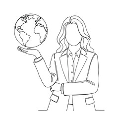 Vector art of businesswoman holding the globe in her hand, line art illustration