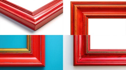 Four close-ups of ornate picture frame corners showing glossy red paint & accents