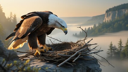 Majestic bald eagle perched in its nest overlooking a misty mountain landscape