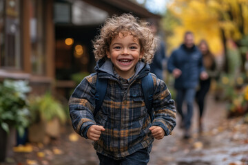 Smiling boy walks ahead, parents in background.