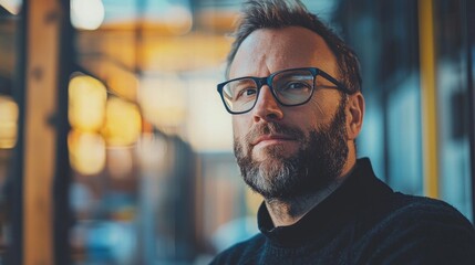 Fototapeta premium A man with a beard and glasses, wearing a black sweater, standing in a dimly lit room with a glass door and a window in the background.
