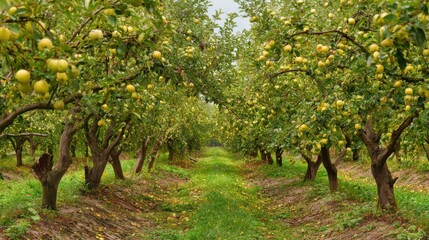 Fototapeta premium Rows of apple trees filled with yellow-green apples create a serene landscape in a flourishing orchard. The ground is covered in fallen fruit, indicating it's harvest time.