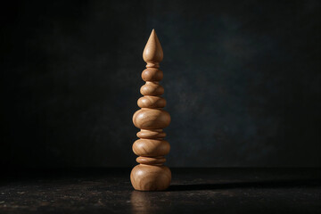Obraz premium Stacked Wooden Finial with Spherical and Conical Elements on Dark Textured Surface