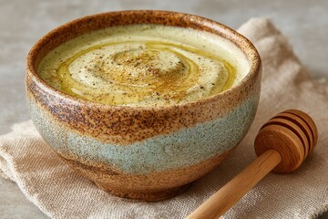 Creamy Soup with Swirls of Olive Oil in Rustic Bowl on Linen Cloth