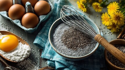 Cooking Ingredients for Healthy Baking with Eggs and Seeds