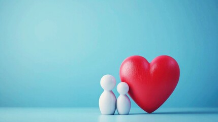 Two white figurines with red hearts on a blue background. The concept of love and affection. The image emphasizes the simplicity and beauty of the objects.