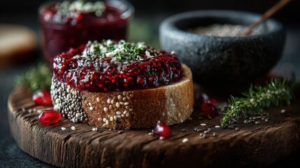 Fresh Toast with Berry Jam and Herbs on Rustic Wooden Board