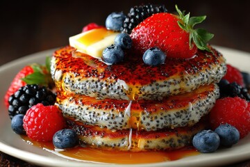 Delicious stack of pancakes topped with fresh berries and syrup