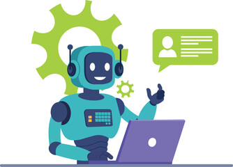 A friendly AI robot chatbot at a laptop provides automated customer service and technical support, with gears symbolizing processing and technology