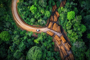 Aerial View of Logging Activities in Dense Forest Landscape