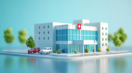 A miniature model of a Swiss hospital building with a red cross on the roof, surrounded by trees and a blue sky.
