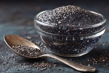 Glossy Black Chia Seeds in Glass Bowl with Silver Spoon on Dark Surface