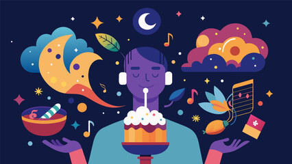 A night of sensory magic where music meets taste sight and smell creating an unforgettable fusion of sensations. Vector illustration