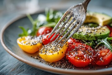 Fresh Salad with Colorful Tomatoes, Arugula, and Healthy Seeds