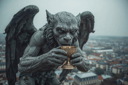 Stone gargoyle with wings drinking from a golden goblet on a city rooftop statue - Powered by Adobe