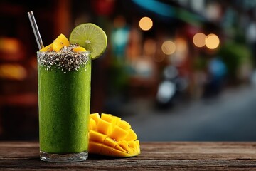 Refreshing Green Smoothie with Mango and Lime on Rustic Table