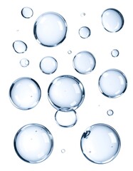 An assortment of translucent, spherical bubbles, varying in size, floats against a stark white backdrop