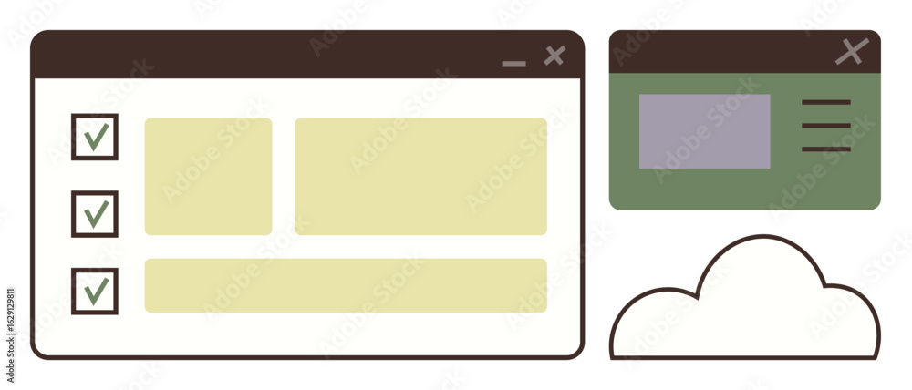 Poster task list with checkmarks, mini window panel, and cloud icon. ideal for workflow, productivity, orga