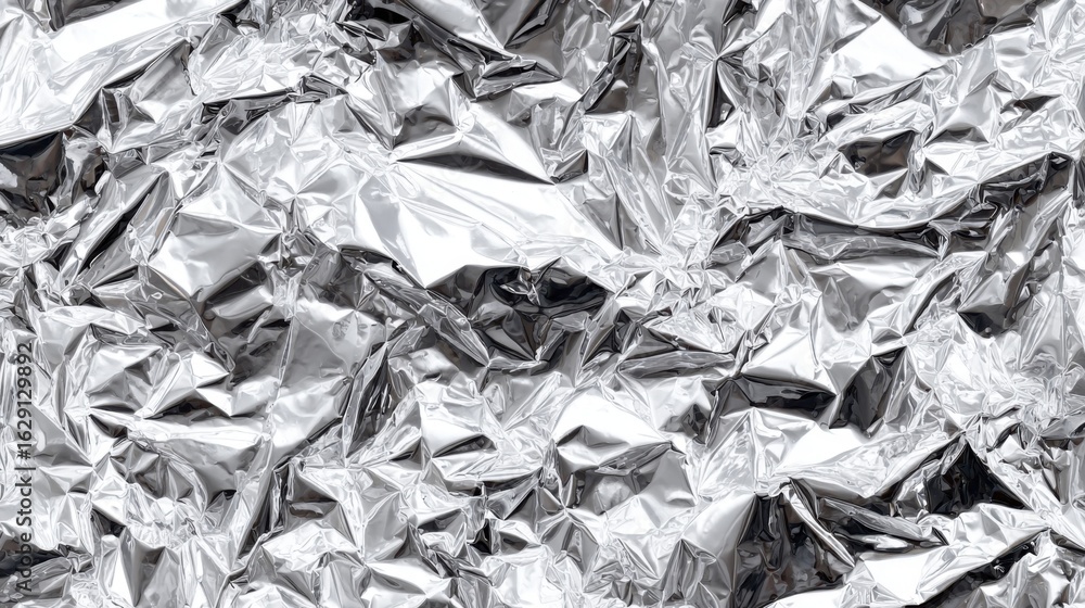 Aufkleber crumpled aluminum foil displays a complex pattern of shiny surfaces and folds, catching light and cr