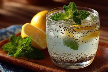 Refreshing Chia Seed Drink with Lemon and Mint Garnish