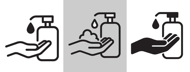 Simple and Clear Hand Washing Icons for Hygiene and Health Promotion Featuring Soap Dispenser and Clean Hands