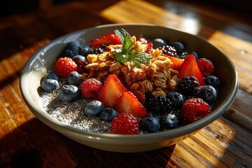 Colorful Berry Bowl with Granola and Chia Seeds for Breakfast
