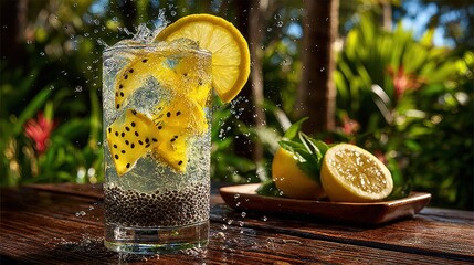 Refreshing Citrus Drink with Chia Seeds and Lemon Garnish