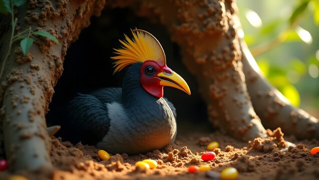 Exotic bird with vibrant crest resting near tree roots in sunlight