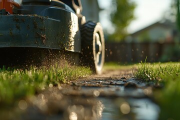 Close-Up of Lawn Mower Cutting Grass on a Bright Sunny Day