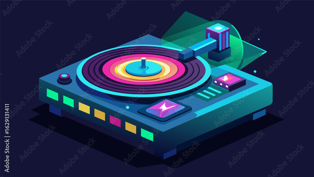 Poster a futuristic record player with programmable led lights that change with the music. vector illustrat