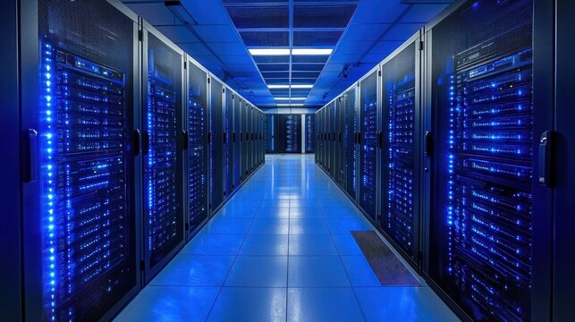 A long, narrow hallway with rows of server racks, illuminated by blue lights. The environment appears to be a data center or server room.